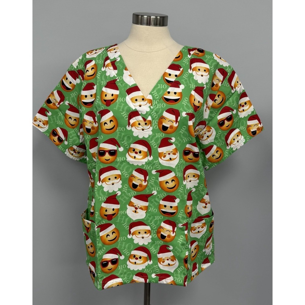 NWT Buttersoft Christmas Scrub Top L Santa Emojis Green Cotton Scrubs Nurse